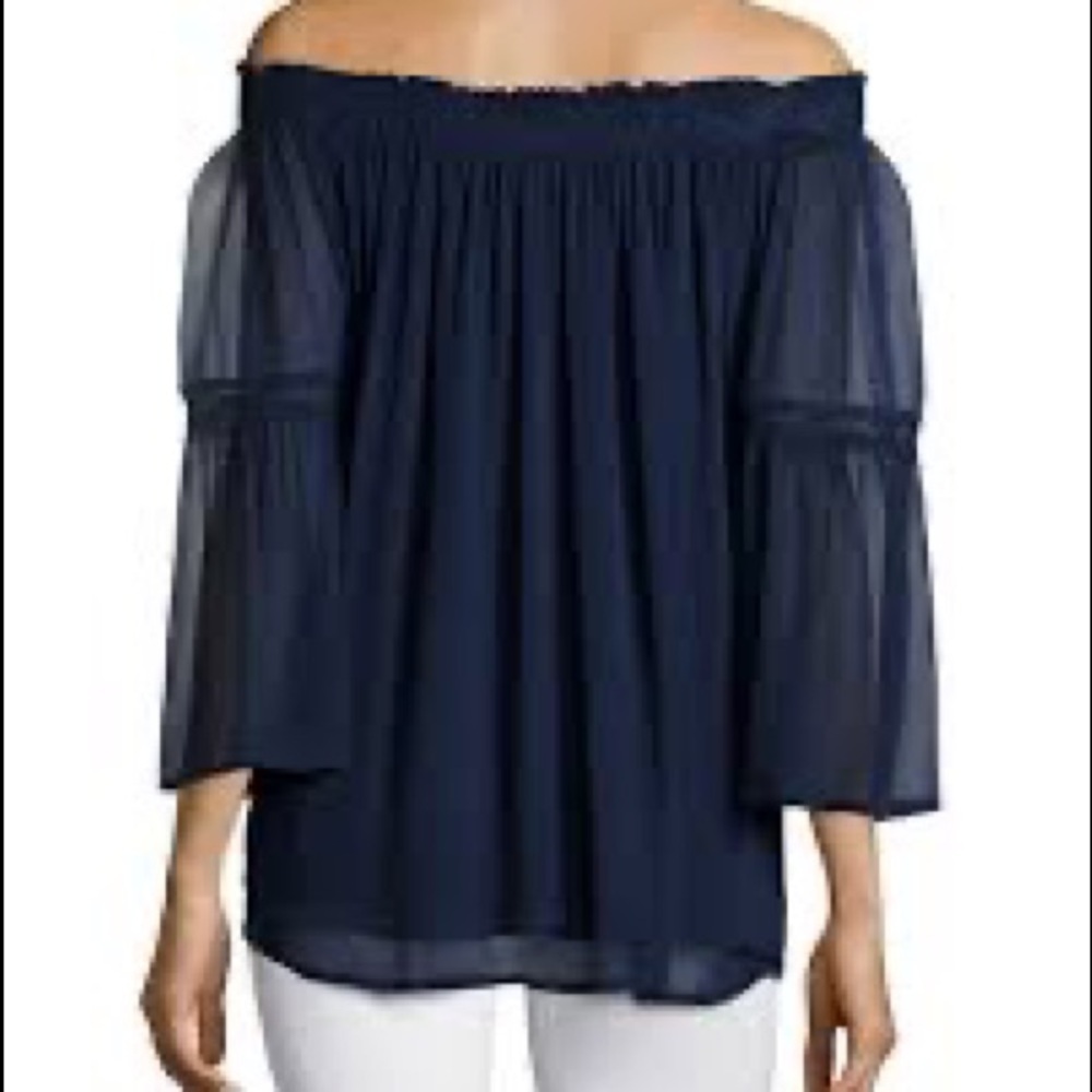 Anthropologie Love Sam Navy Blue Embroidered Off Shoulder Silk Boho Peasant S